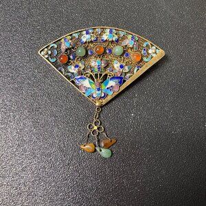 925 Silver Chines Fan w/ Precious Stones & Butterfly Brooch